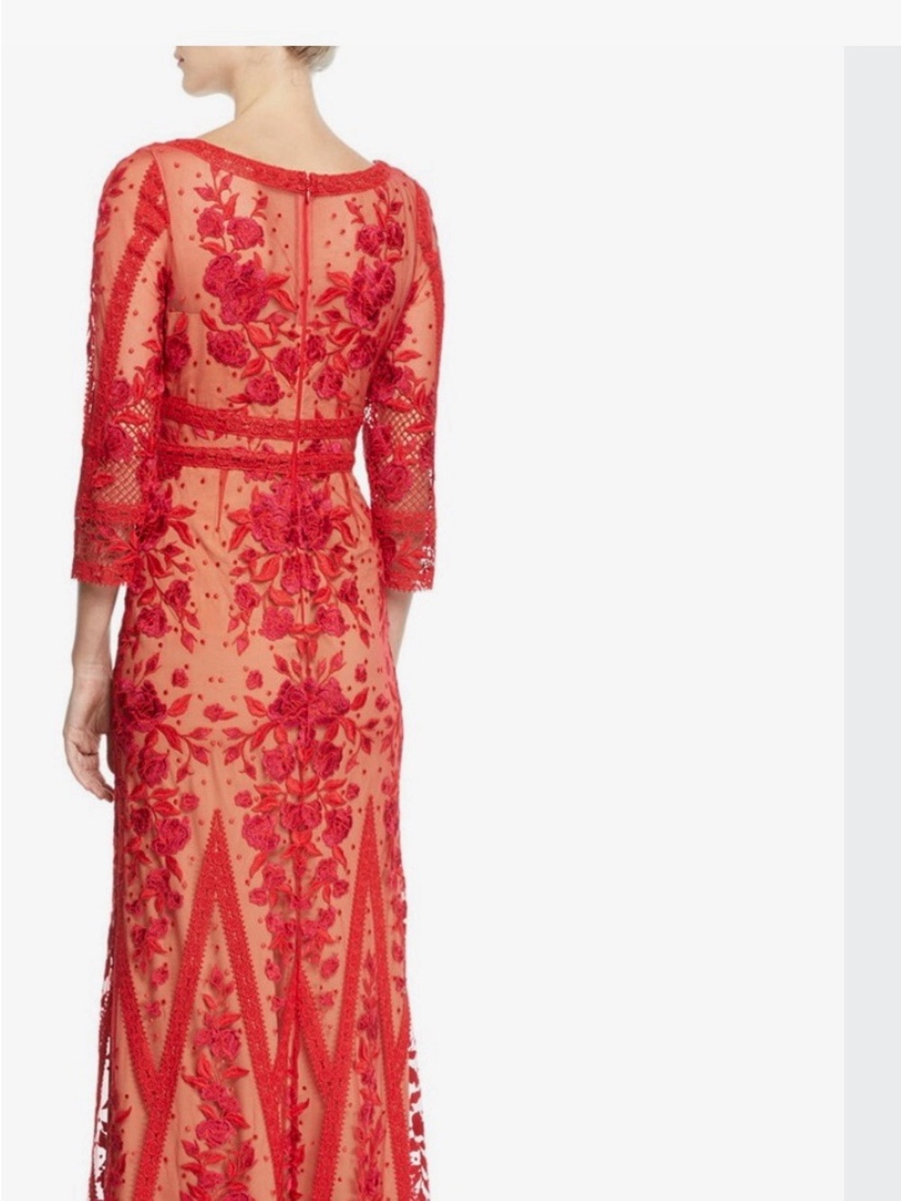 Red Long-Sleeve Embroidered Evening Gown -P2P:14, Waist:13, Length:42 Maxi #040